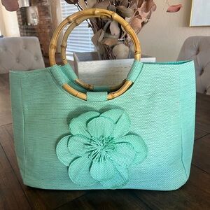 Neiman Marcus Mint Green Tote with Bamboo‎ Handles